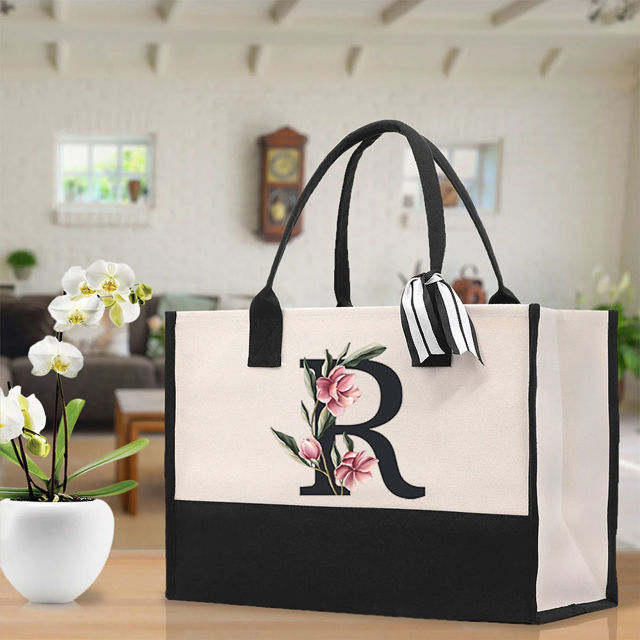 Picture of Custom Canvas Tote Bag with Flower - Personalized  Name Tote Bag -  Bridesmaid Gift