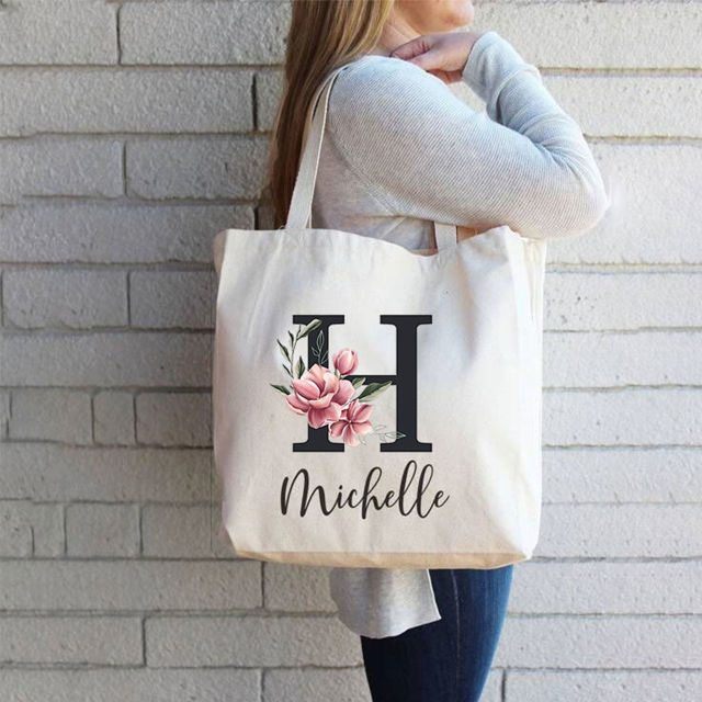 Picture of Custom Floral Name Tote Bag for Bridesmaid Proposal Gift - Personalized Birthday Gifts for Woman - Personalized Halloween Bags for Kids