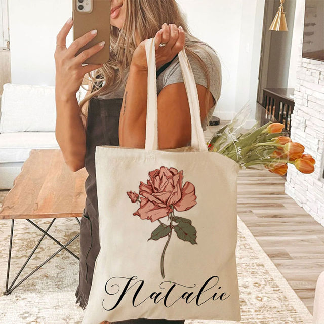 Picture of Custom Floral Name Tote Bag for Bridesmaid Proposal Gift - Personalized Birthday Gifts for Woman - Personalized Halloween Bags for Kids