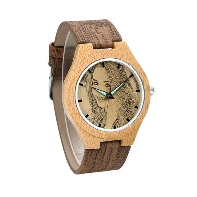 Picture of Unisex Carved Bamboo Photo Watches with Wood Grain Leather Strap