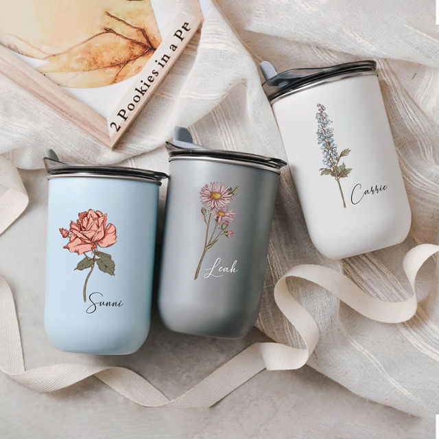 Picture of Personalized Birth Flower Straw Cup - Custom Stainless Steel Travel Cup with Name - Bridesmaid Gift