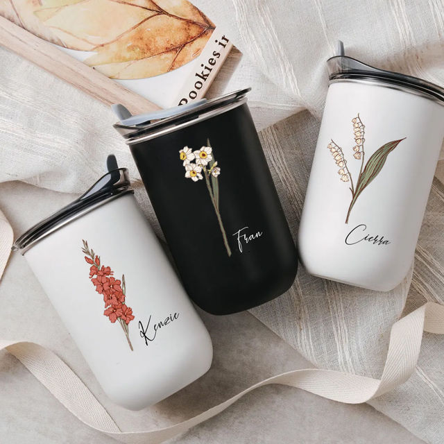 Picture of Personalized Birth Flower Straw Cup - Custom Stainless Steel Travel Cup with Name - Bridesmaid Gift