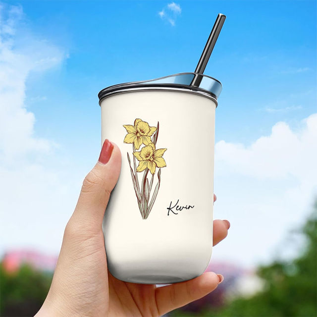 Picture of Personalized Birth Flower Straw Cup - Custom Stainless Steel Travel Cup with Name - Bridesmaid Gift