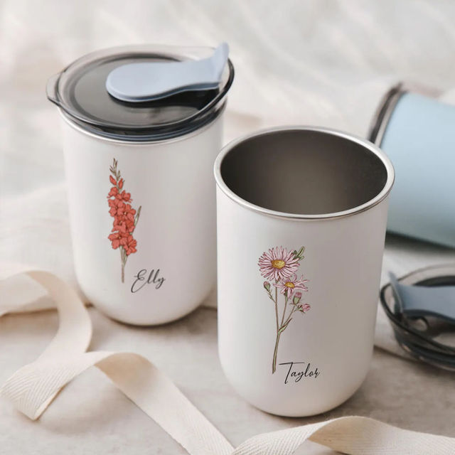 Picture of Personalized Birth Flower Straw Cup - Custom Stainless Steel Travel Cup with Name - Bridesmaid Gift