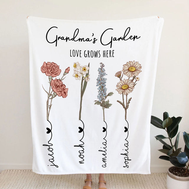 Picture of Custom Birth Flower Blanket - Personalized Name Blanket for Family - Best Christmas Gifts for Mum