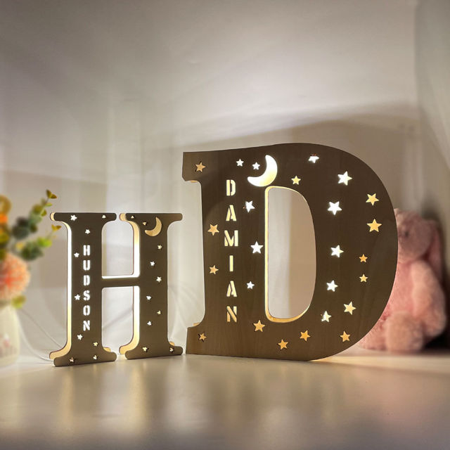 Picture of Personalized Letter Night Light for Wall Decor - Custom Wooden Engraved Name Night Light 26 Letters Style