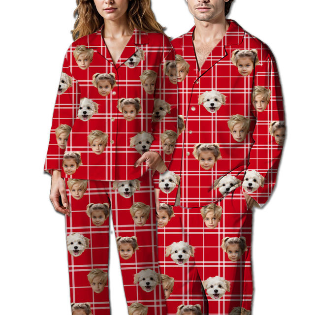 Picture of Customized pajamas Customized photo plaid pajamas Customized casual home pajamas complete set