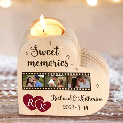 Picture of Custom Photo Wooden Candle holder - Personalized Heart Shape Candle holder - Christmas or Anniversary Gift