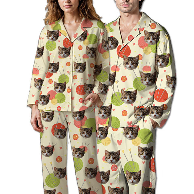 Picture of Custom long sleeve pajamas - Custom cat face pajamas - Custom cat face wool ball colorful long sleeve pajamas