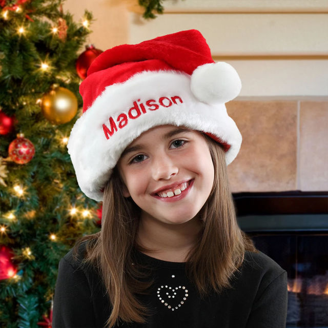 Picture of Custom Velvet Santa Hat with Name - Personalized Embroidered Family Christmas Hat - Xmas Gift