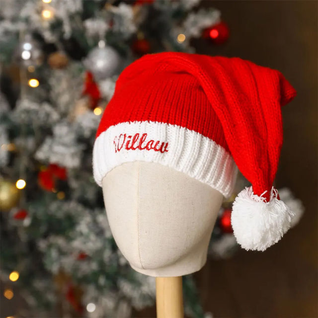 Picture of Custom Knitted Santa Hat with Name - Personalized Embroidered Family Christmas Hat - Xmas Gift