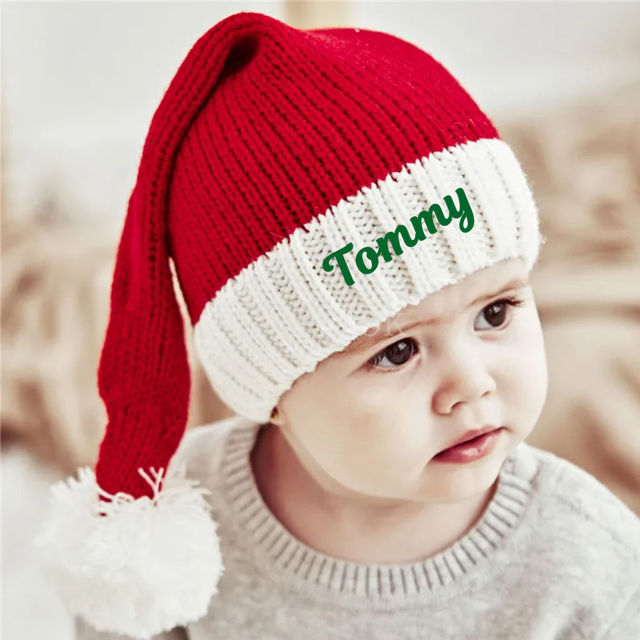 Picture of Custom Knitted Santa Hat with Name - Personalized Embroidered Family Christmas Hat - Xmas Gift