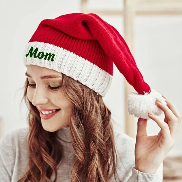 Picture of Custom Knitted Santa Hat with Name - Personalized Embroidered Family Christmas Hat - Xmas Gift