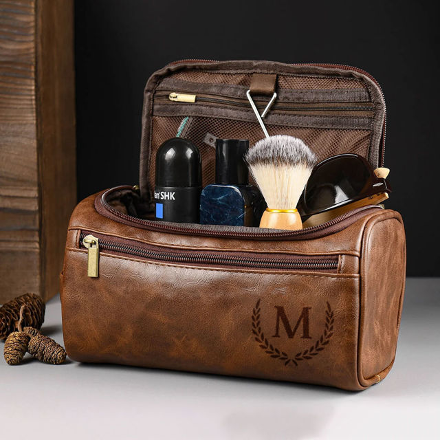 Picture of Custom Leather Toiletry Bag for Men - Personalized Groomsmen Gifts - Men's Leather Toiletry Bags - Travel Bag For Men