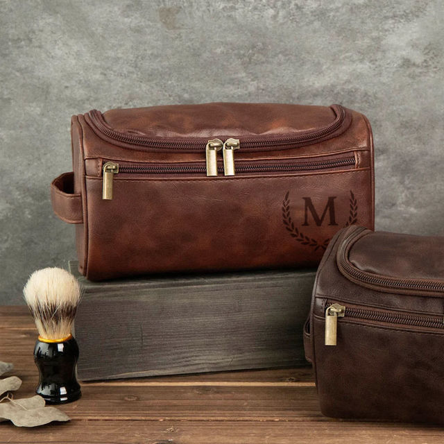 Picture of Custom Leather Toiletry Bag for Men - Personalized Groomsmen Gifts - Men's Leather Toiletry Bags - Travel Bag For Men