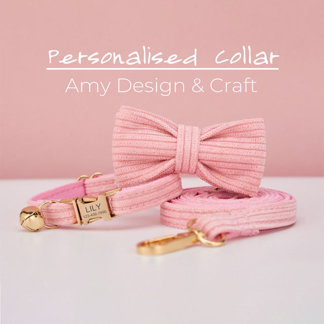 Picture of Personalized Corduroy Cat Collar Leash Set - Engraved Pet Name Metal Buckle - Wedding and Christmas Puppy Gift