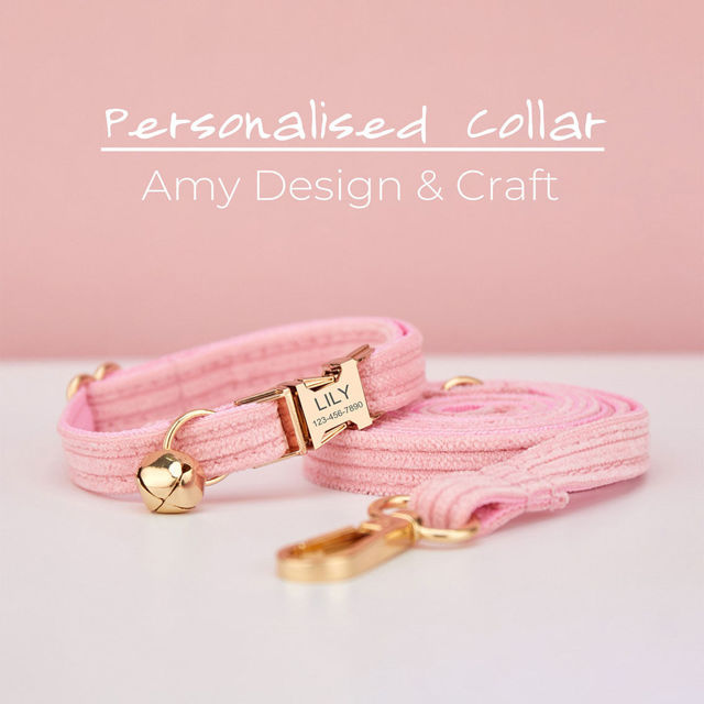 Picture of Personalized Corduroy Cat Collar Leash Set - Engraved Pet Name Metal Buckle - Wedding and Christmas Puppy Gift