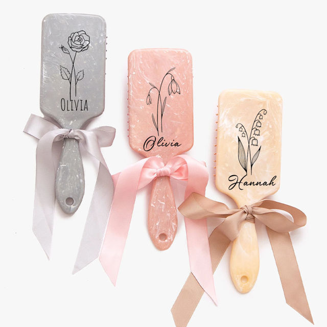 Picture of Personalized Birth Flower Airbag Hair Brush - Custom Bridesmaid Hair Brushes