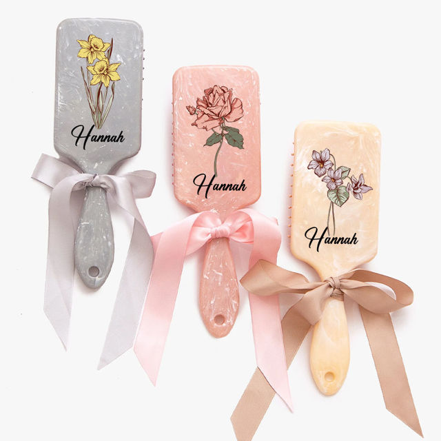 Picture of Personalized Birth Flower Airbag Hair Brush - Custom Bridesmaid Hair Brushes