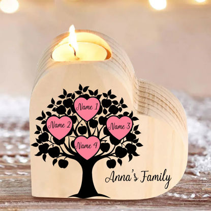 Picture of Custom Family Tree Wooden Candle holder - Personalized Heart Candle holder with Names - Christmas, Mother's day Gift