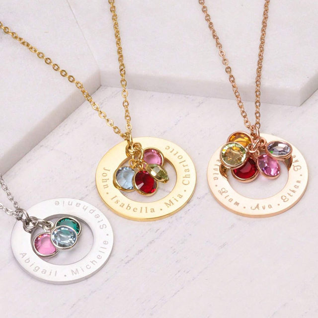 Picture of Personalized Name Necklace with Birthstones - Custom Circle Necklace with Names and Birthstones - Best Gift