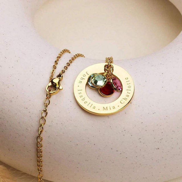 Picture of Personalized Name Necklace with Birthstones - Custom Circle Necklace with Names and Birthstones - Best Gift