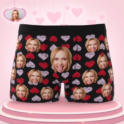 Image de Boxer personnalisé avec visage - Slip coeur rouge et rose - Boxer personnalisé - Meilleur cadeau pour lui