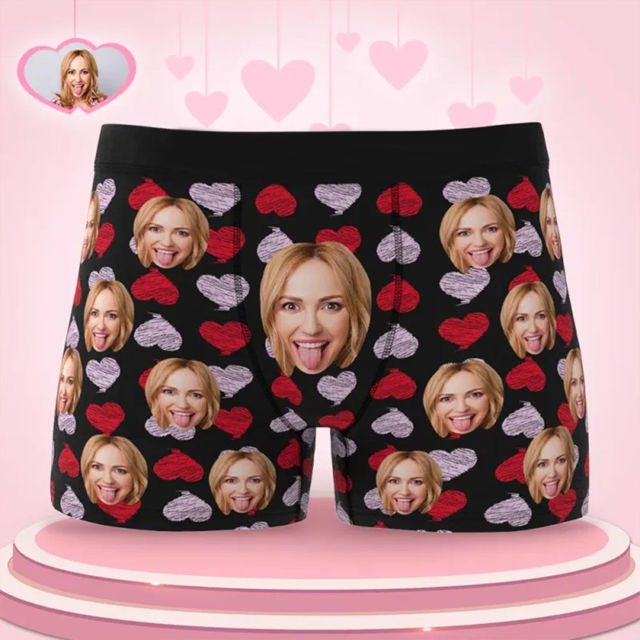Image de Boxer personnalisé avec visage - Slip coeur rouge et rose - Boxer personnalisé - Meilleur cadeau pour lui