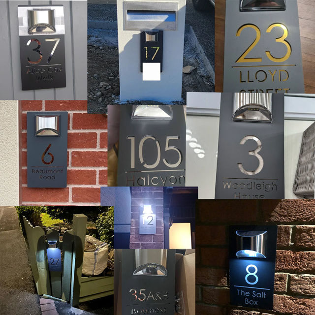 Picture of Custom Black Mirror house sign with solar light - 3D Laser Acrylic Number Door Signs Plaque - LED Lit Numbers