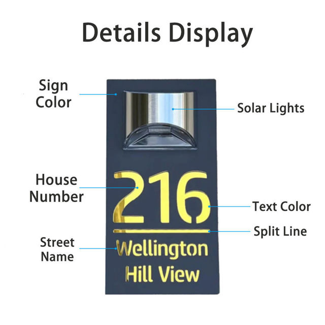 Picture of Custom Black Mirror house sign with solar light - 3D Laser Acrylic Number Door Signs Plaque - LED Lit Numbers