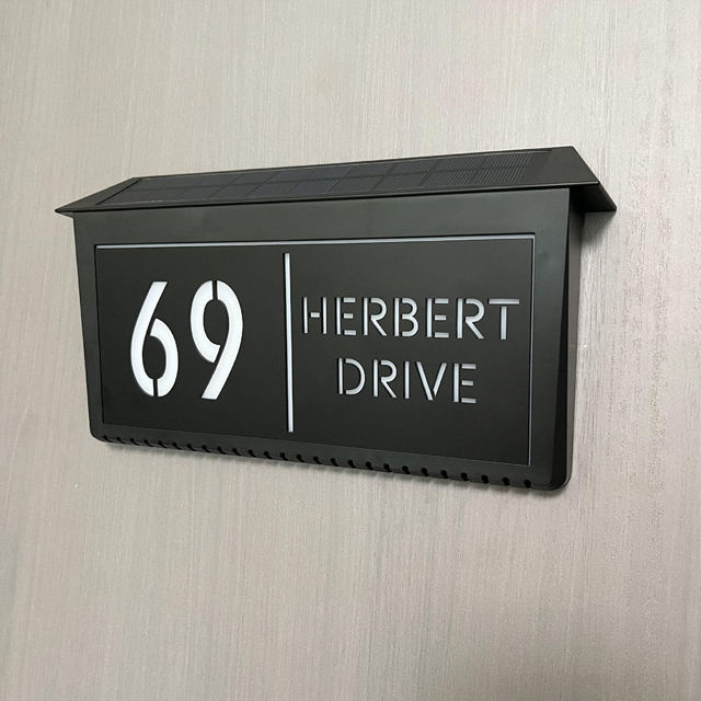 Picture of Custom Black House Sign with Solar Light - Laser Acrylic Number Door Signs - LED Lit Numbers