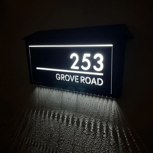 Picture of Custom Black House Sign with Solar Light - Laser Acrylic Number Door Signs - LED Lit Numbers