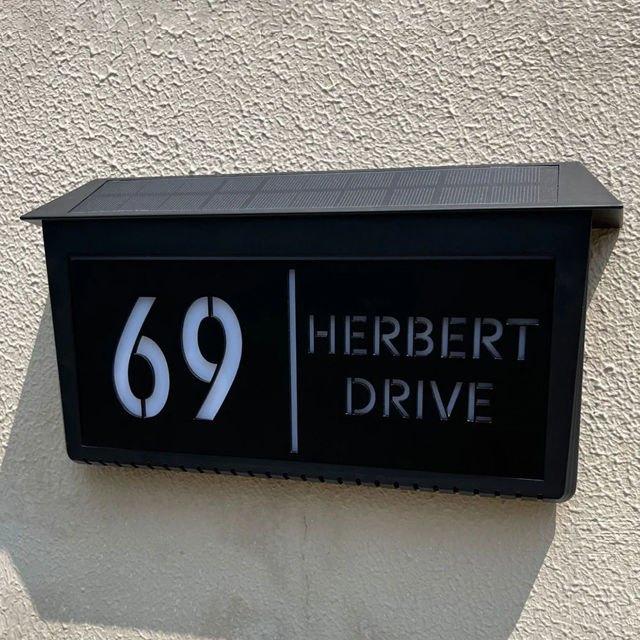 Picture of Custom Black House Sign with Solar Light - Laser Acrylic Number Door Signs - LED Lit Numbers