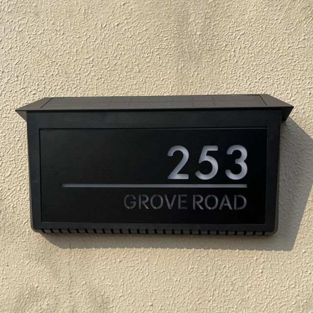 Picture of Custom Black House Sign with Solar Light - Laser Acrylic Number Door Signs - LED Lit Numbers