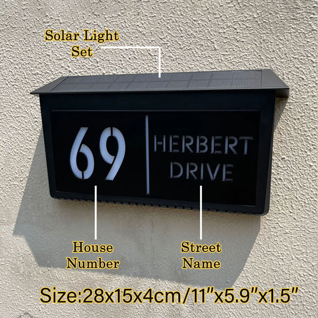 Picture of Custom Black House Sign with Solar Light - Laser Acrylic Number Door Signs - LED Lit Numbers