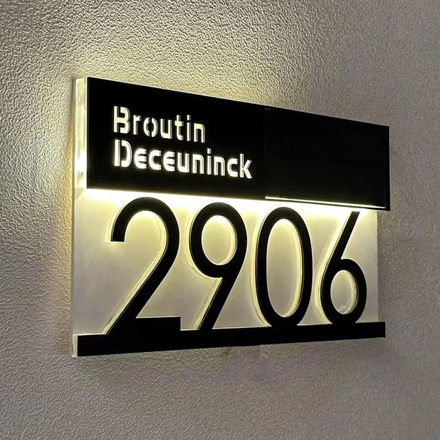 Picture of Custom Black House Sign with Solar Light - Lasered Acrylic Number Door Signs - LED Lit Numbers