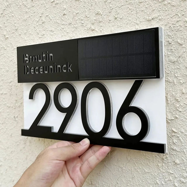 Picture of Custom Black House Sign with Solar Light - Lasered Acrylic Number Door Signs - LED Lit Numbers