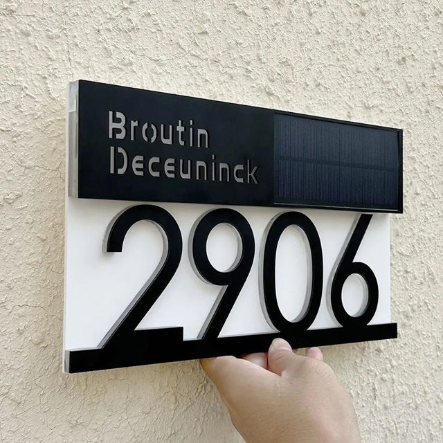 Picture of Custom Black House Sign with Solar Light - Lasered Acrylic Number Door Signs - LED Lit Numbers