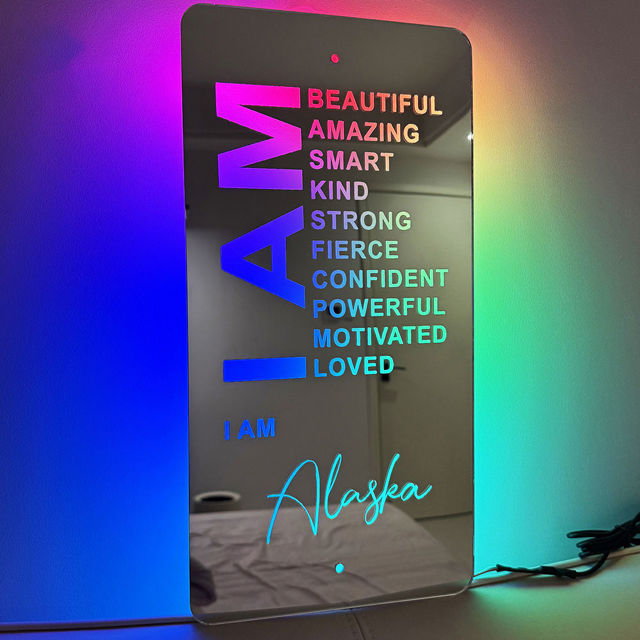 Picture of Personalized Name LED Neon Sign Mirror - Customized Illuminated Name Mirror - Personalized Affirmation Mirror - Wall Art Light Up Mirror - Best Birthday, Anniversary & Christmas Gift for Family and Friends