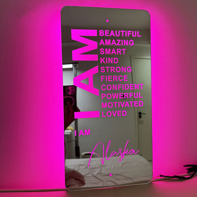 Picture of Personalized Name LED Neon Sign Mirror - Customized Illuminated Name Mirror - Personalized Affirmation Mirror - Wall Art Light Up Mirror - Best Birthday, Anniversary & Christmas Gift for Family and Friends