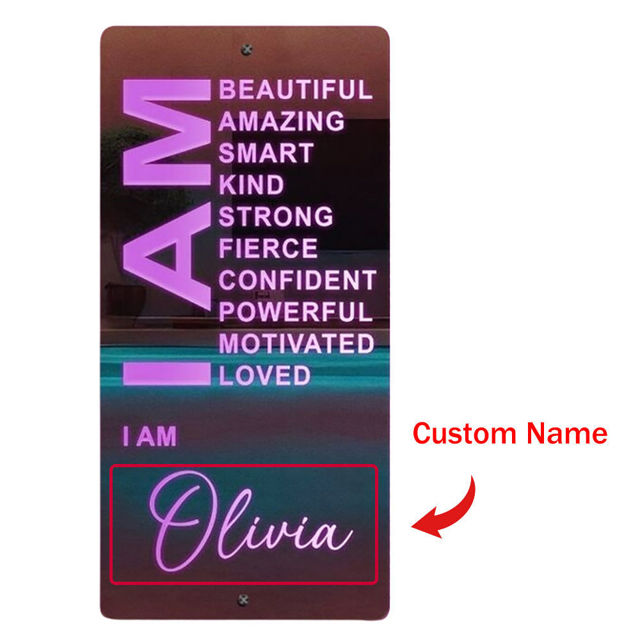 Picture of Personalized Name LED Neon Sign Mirror - Customized Illuminated Name Mirror - Personalized Affirmation Mirror - Wall Art Light Up Mirror - Best Birthday, Anniversary & Christmas Gift for Family and Friends