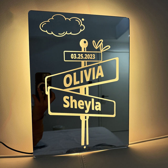 Picture of Custom Road Signs Mirror Light - Custom Mirror Sign with Couple Names and Date