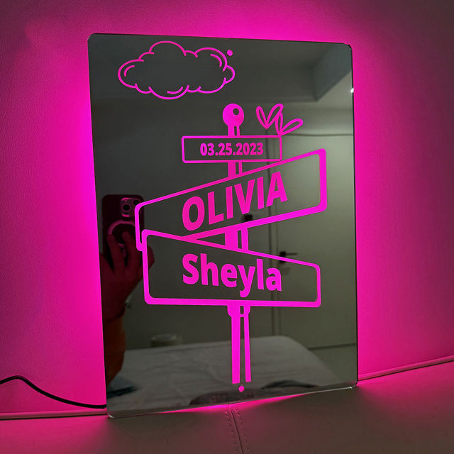 Picture of Custom Road Signs Mirror Light - Custom Mirror Sign with Couple Names and Date