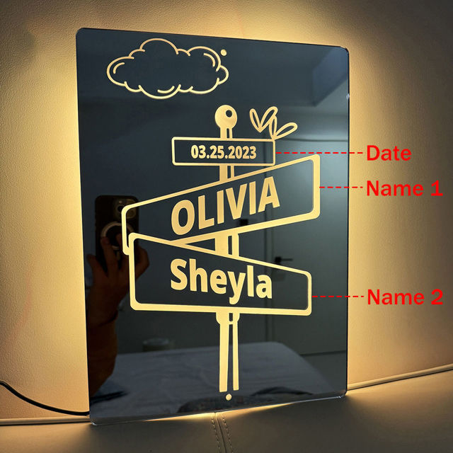 Picture of Custom Road Signs Mirror Light - Custom Mirror Sign with Couple Names and Date