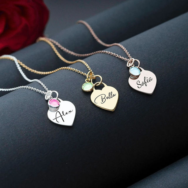 Picture of Personalized Name Necklace with Birthstones - Custom Heart Necklace with Birthstones