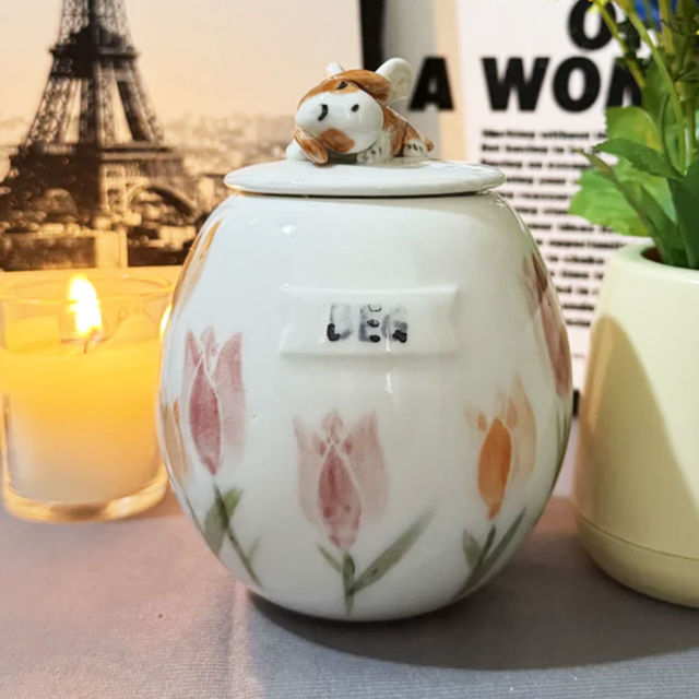 Picture of Custom Handmade pet Ceramic Urn - Personalised Pet Urn with Flowers - Pet Ornaments