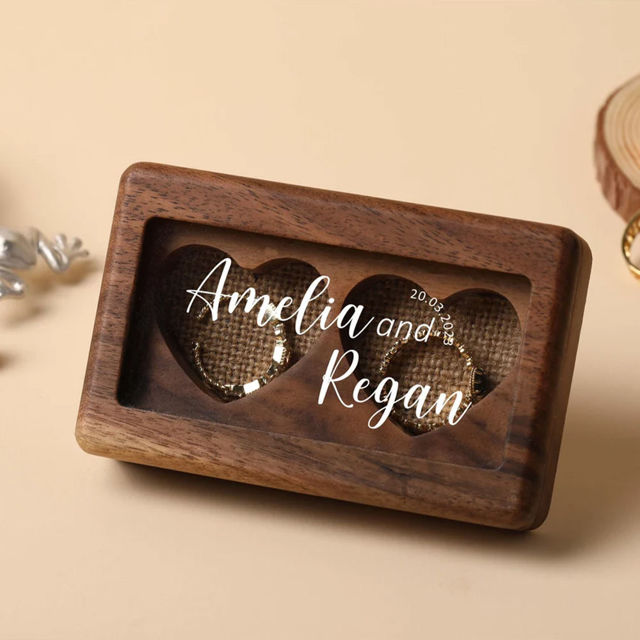 Picture of Custom Double Wedding Ring Box - Personalized Wooden Ring Box - Custom Love Ring Box