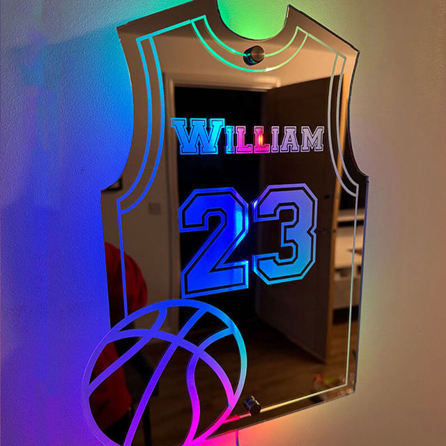 Picture of Personalized Basketball Jersey Mirror - Custom Illuminated Name Mirror Sign - Cool Bedroom Decoration or Party Decoration for Sports Lover