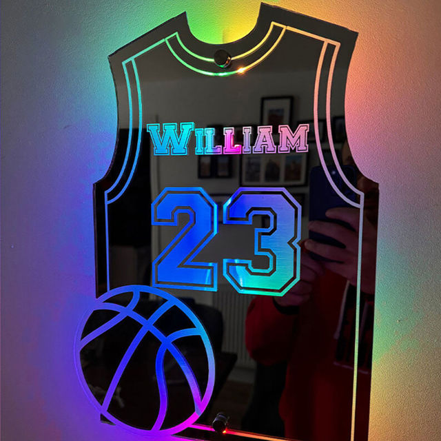 Picture of Personalized Basketball Jersey Mirror - Custom Illuminated Name Mirror Sign - Cool Bedroom Decoration or Party Decoration for Sports Lover