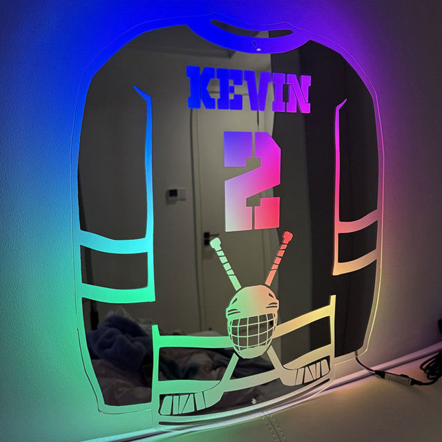 Picture of Personalized Ice Hockey Jersey Mirror - Custom Illuminated Name Mirror Sign - Cool Bedroom Decoration or Party Decoration for Sports Lover